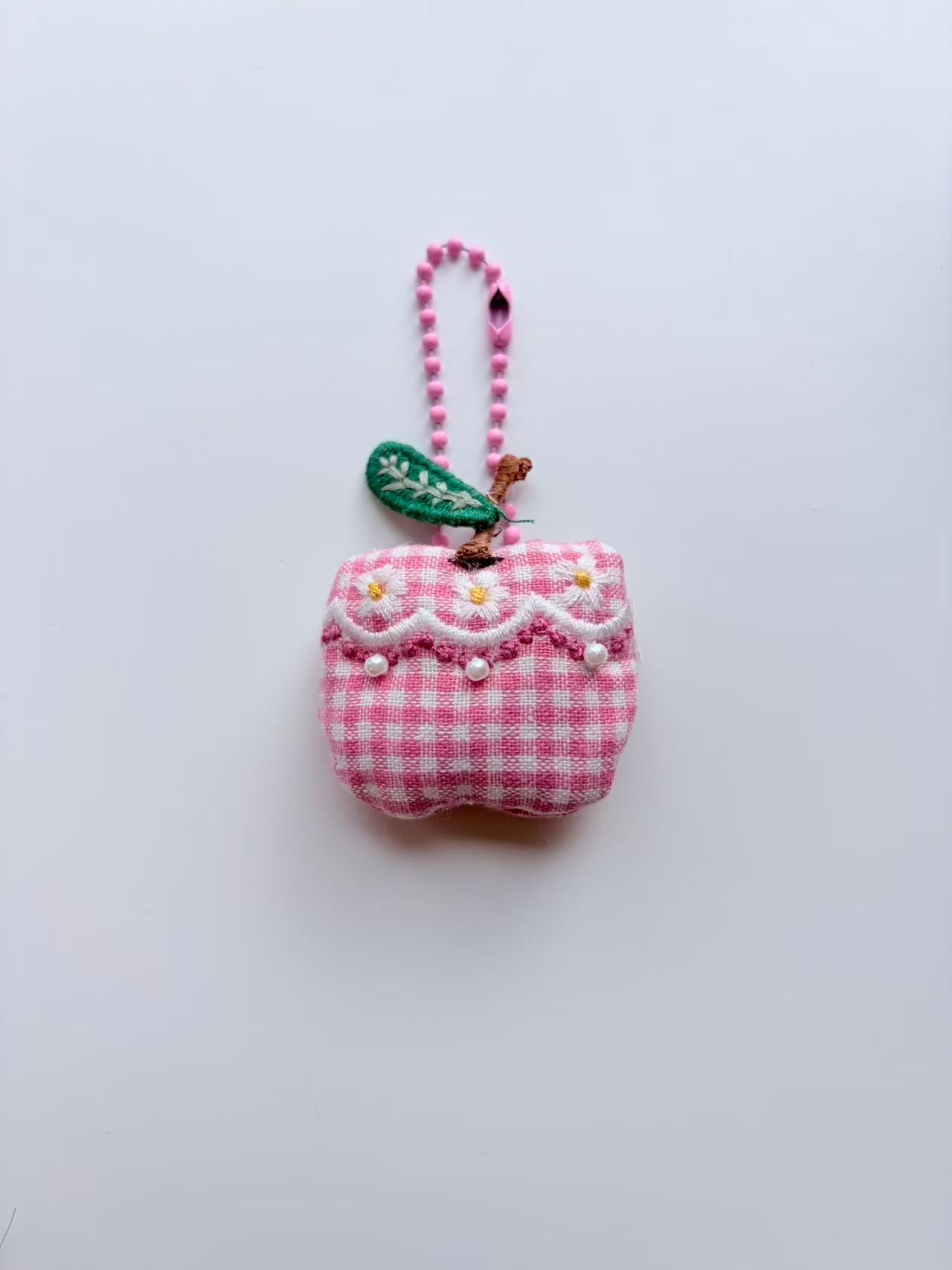 Cute Pink Gingham Apple Plush Keychain Bag Charm