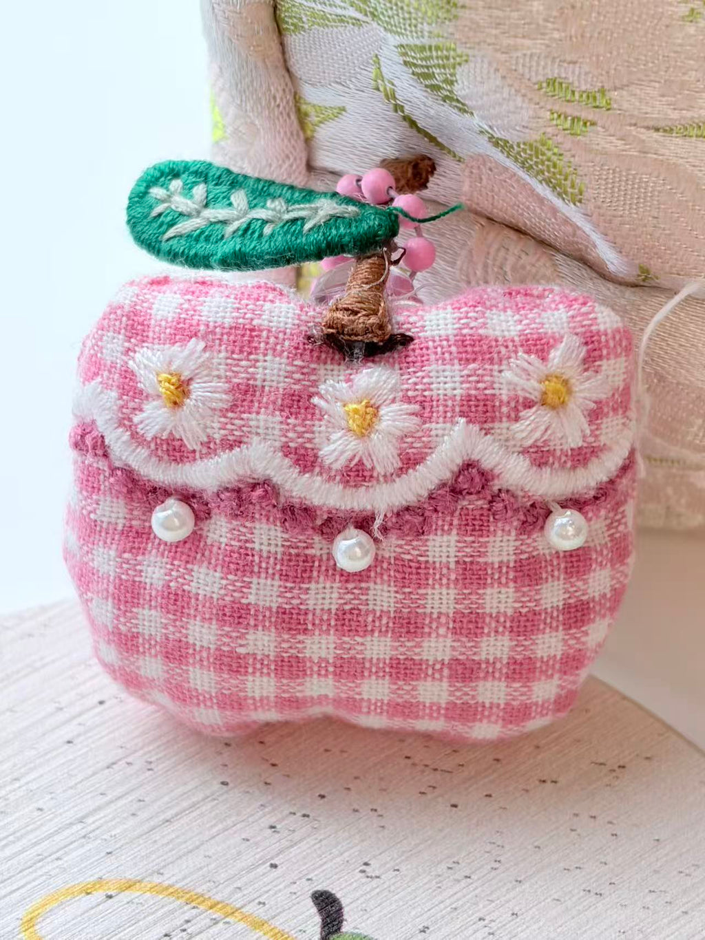 Cute Pink Gingham Apple Plush Keychain Bag Charm
