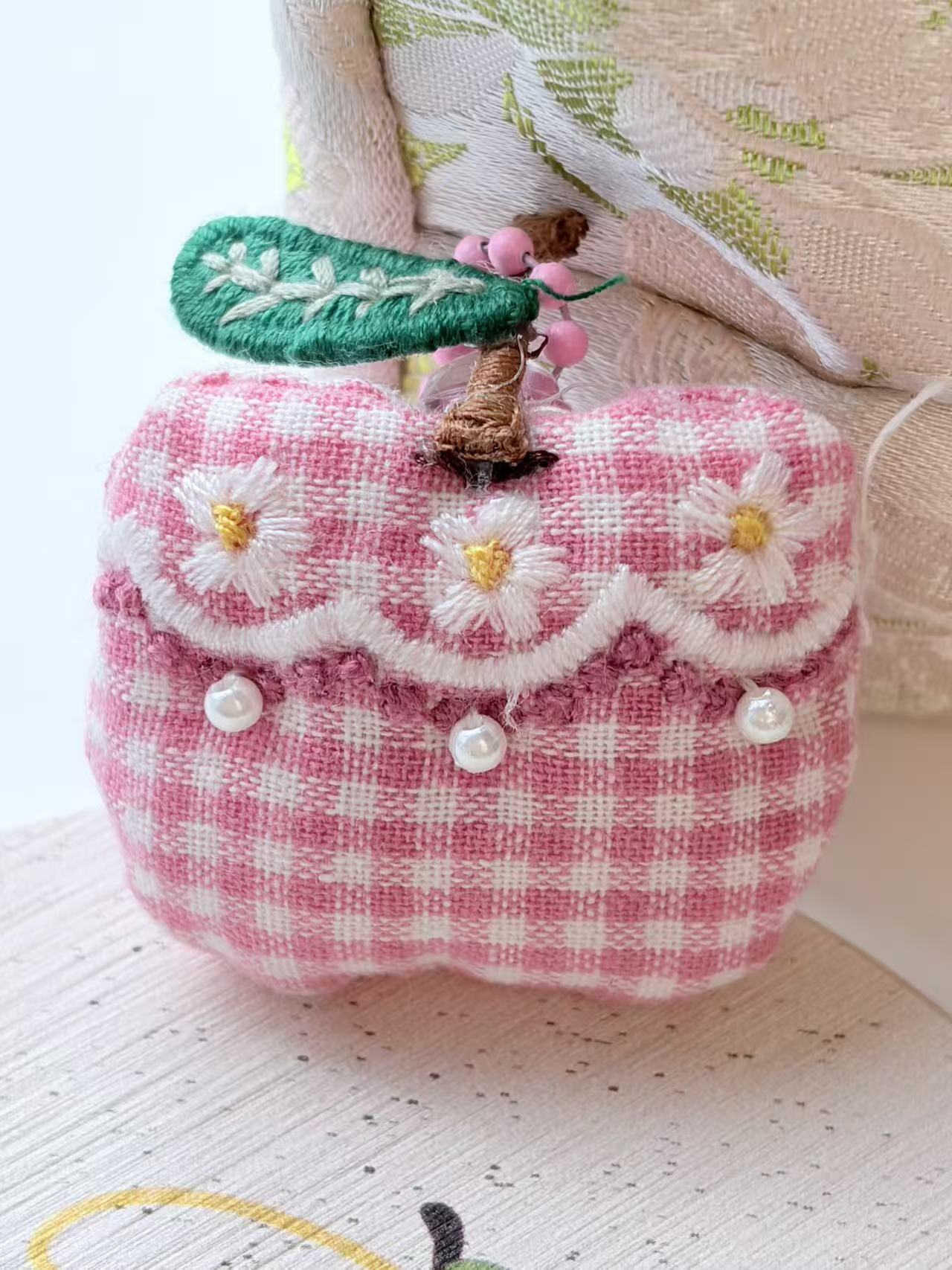 Cute Pink Gingham Apple Plush Keychain Bag Charm