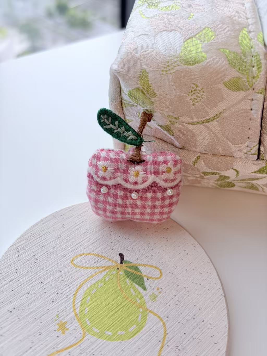 Cute Pink Gingham Apple Plush Keychain Bag Charm