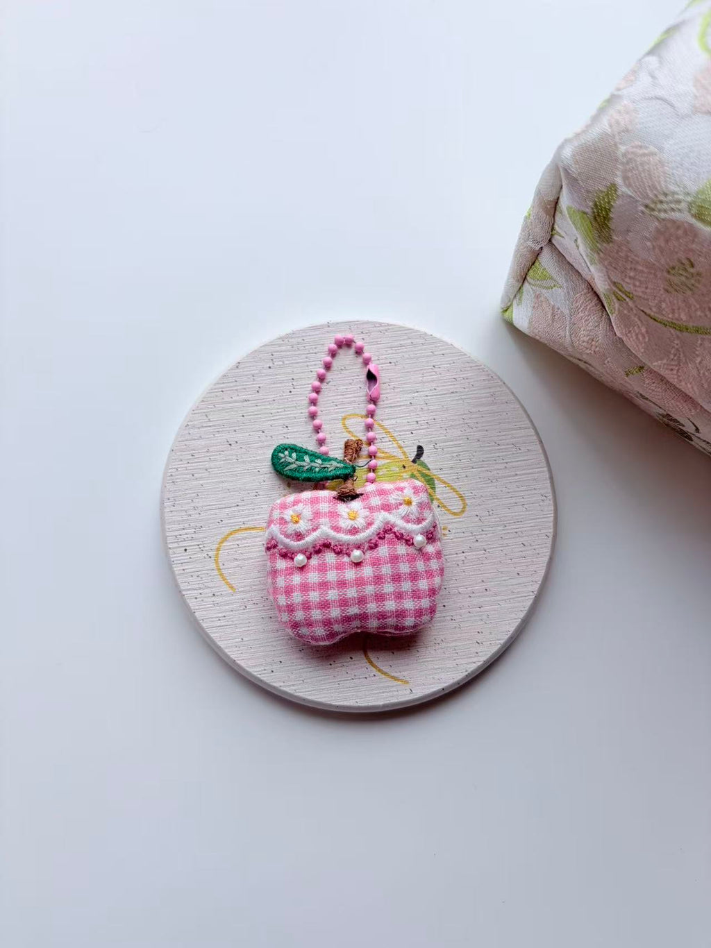 Cute Pink Gingham Apple Plush Keychain Bag Charm