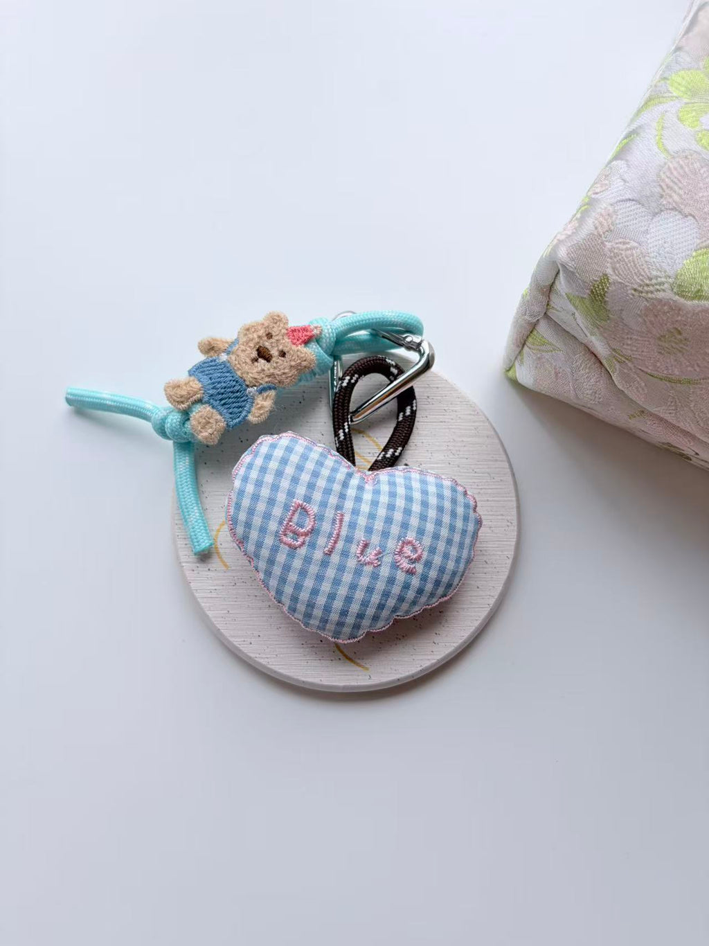 Cute Teddy Bear Blue Heart Plush Keychain Bag Charm