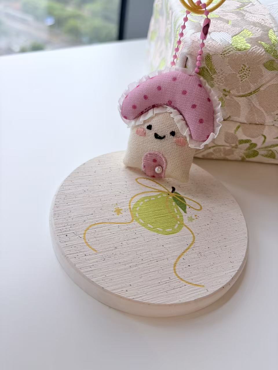 Cute pink mushroom plush keychain bag charm
