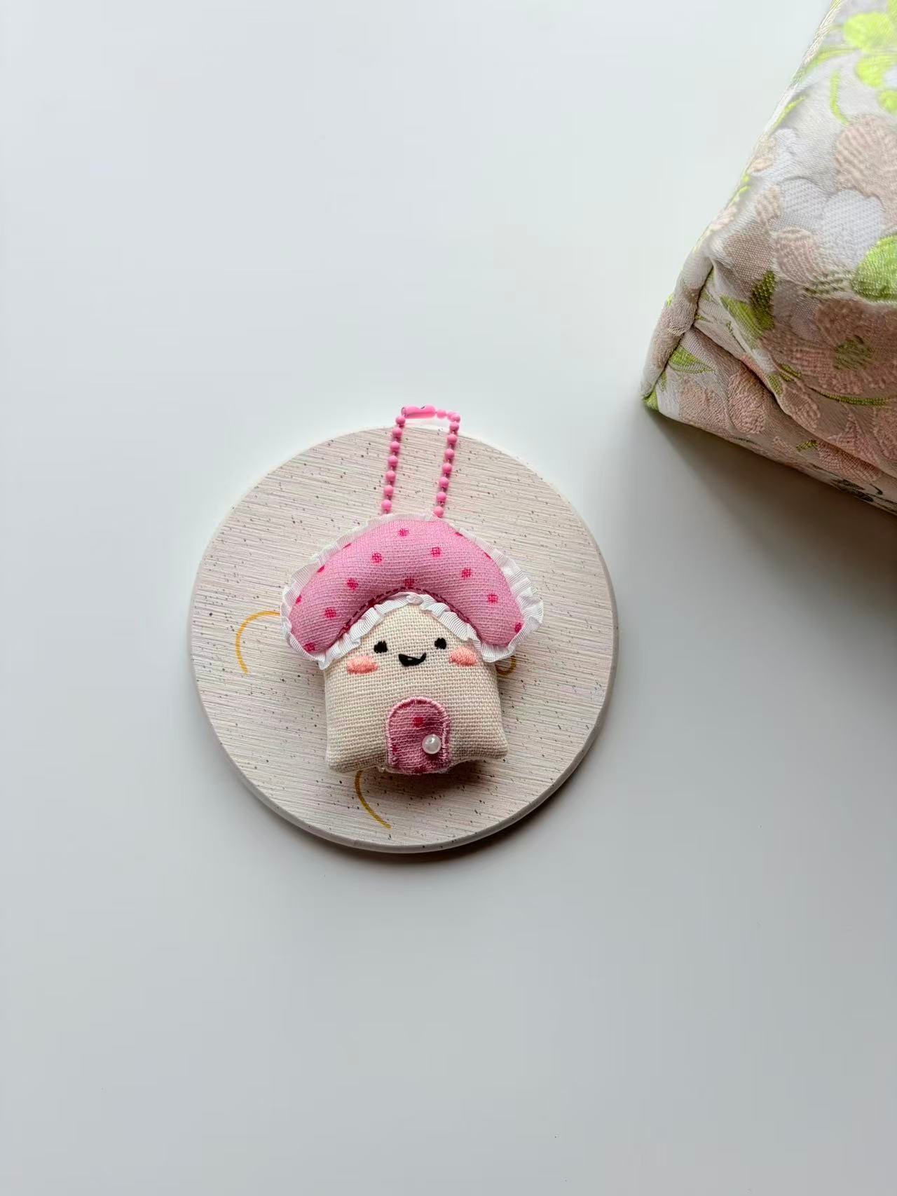 Cute pink mushroom plush keychain bag charm