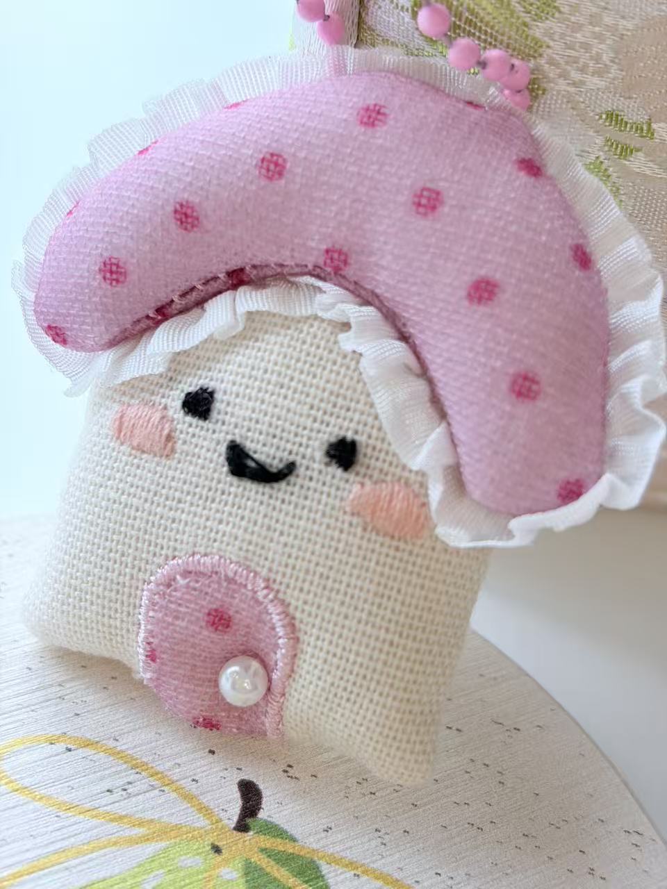 Cute pink mushroom plush keychain bag charm